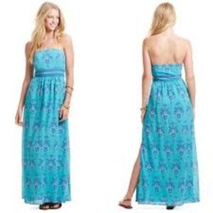Vineyard Vines Strapless Maxi Dress Scarf Medallion Print Blue Soft Flowy